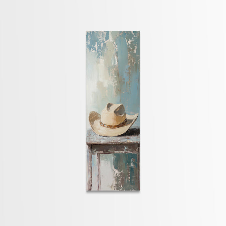 White Cowboy Hat On Table Canvas Print, Western Wall Art, Rustic Ranch Decor, Neutral Southwestern Farmhouse Home Decor, Gift For Him