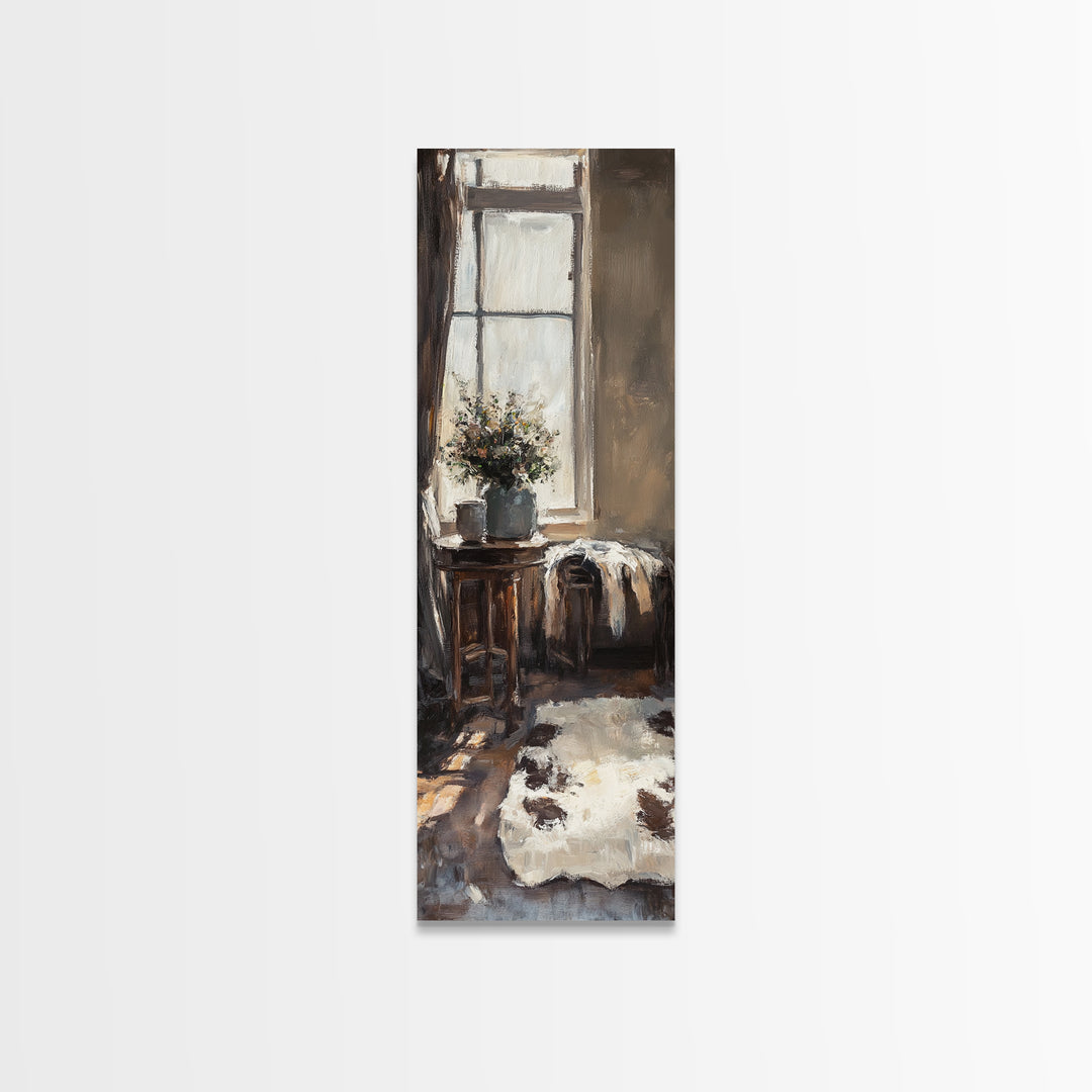 Rustic Window Chair And Cowhide Rug Wall Art, Farmhouse Canvas Print, Cozy Country Home Decor, Neutral Living Room Art Print