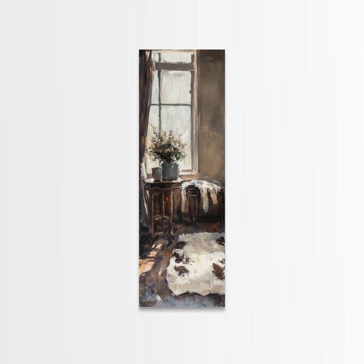 Rustic Window Chair And Cowhide Rug Wall Art, Farmhouse Canvas Print, Cozy Country Home Decor, Neutral Living Room Art Print