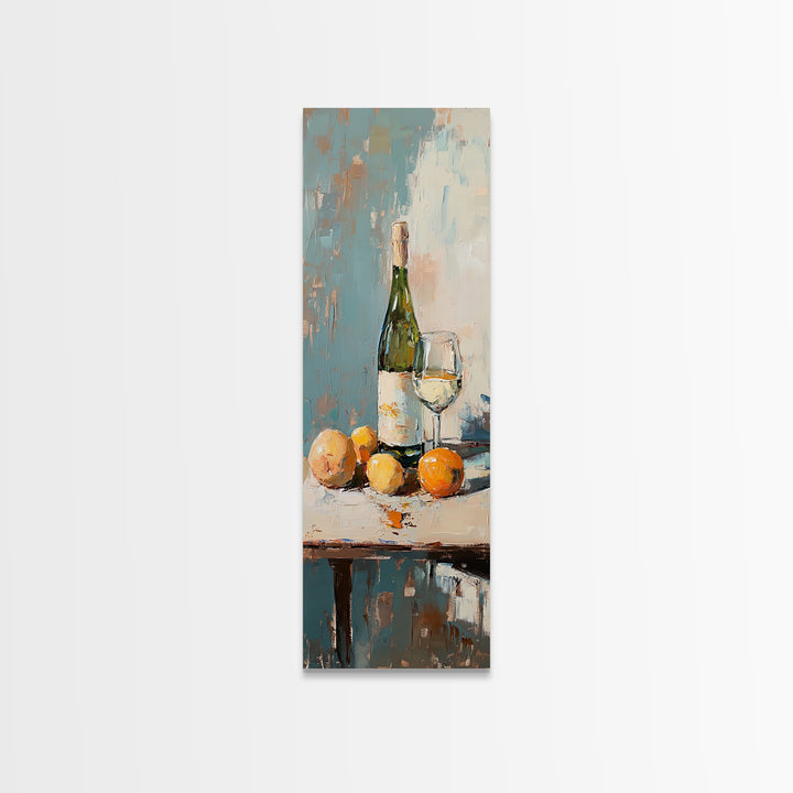 Wine Bottle Glass And Oranges Canvas Print, Kitchen Wall Art, Dining Room Decor, Still Life Painting, Housewarming Gift, Modern Home Decor
