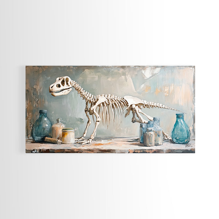 Dinosaur Skeleton Still Life Wall Art, Paleontology Canvas Print, Science Office Decor, Boys Room Decor, Unique Gift, Nursery Wall Art