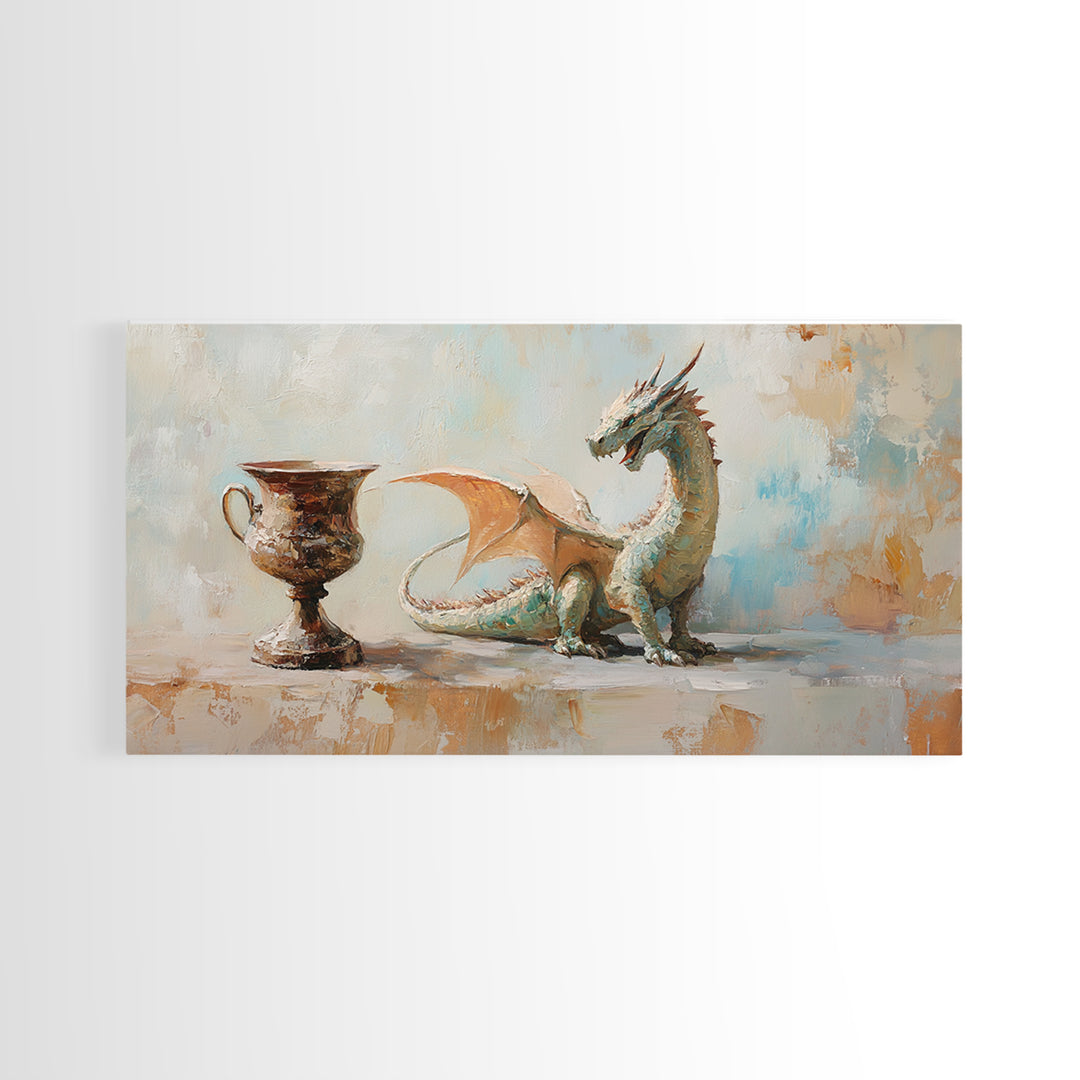 Small Dragon And Goblet Wall Art, Fantasy Canvas Print, Mythical Creature Decor, Kids Room Art, Unique Gift For Him, Nursery Wall Art