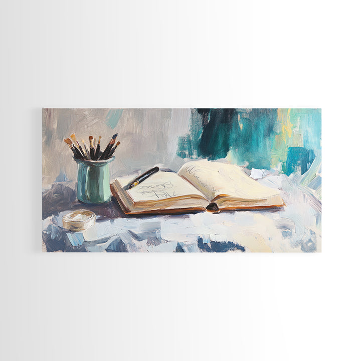 Open Sketchbook With Brushes Wall Art, Creative Studio Canvas Print, Gift For Artist, Office Decor, Modern Home Decor, Living Room Decor