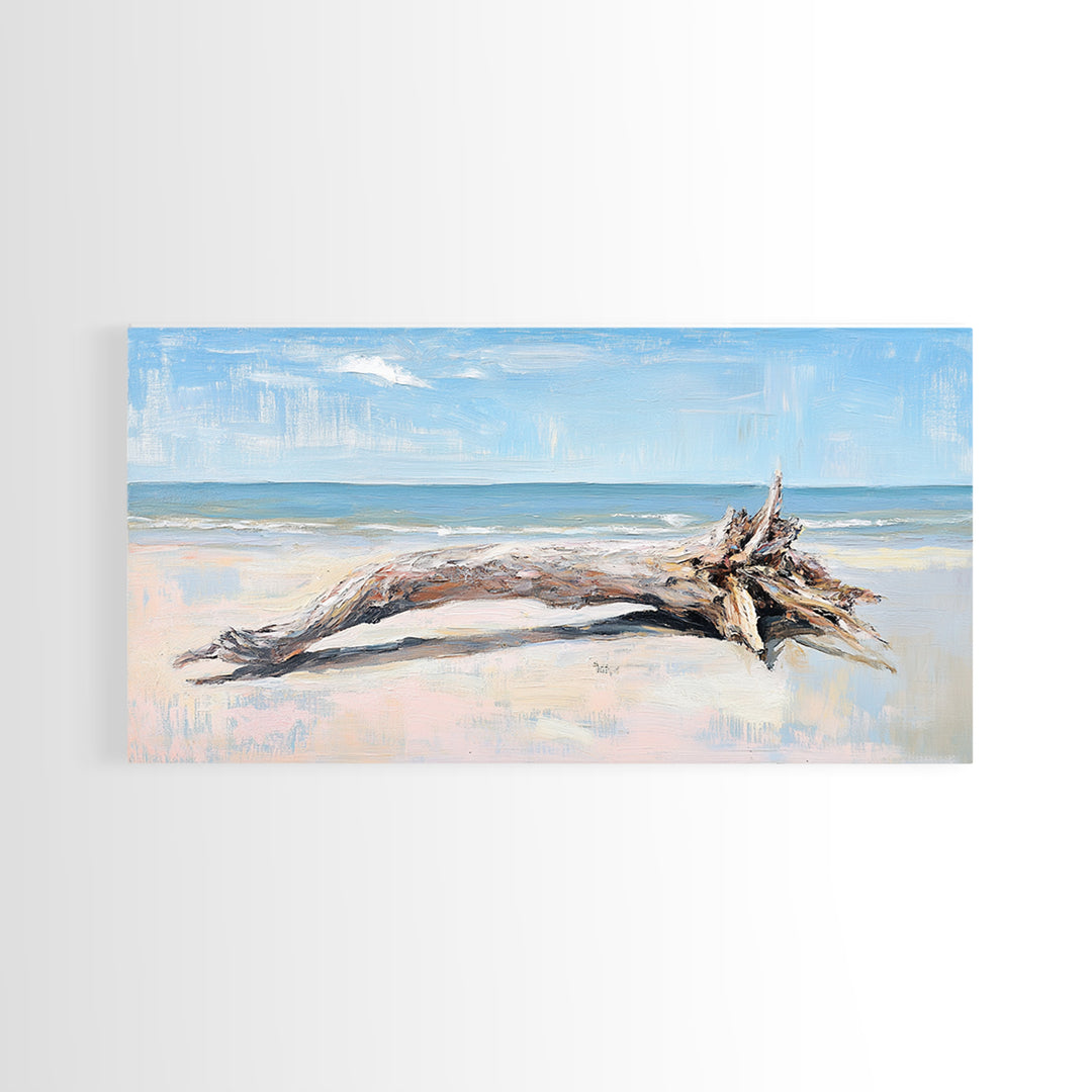Weathered Driftwood On Beach Wall Art, Coastal Canvas Print, Ocean Landscape Art, Beach House Decor, Seaside Wall Decor Print