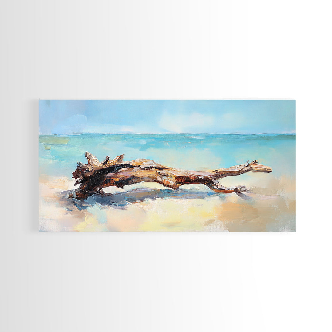 Sunlit Driftwood On Turquoise Shore Wall Art, Coastal Canvas Print, Beach House Decor, Ocean Art, Nautical Home Decor, Living Room Decor
