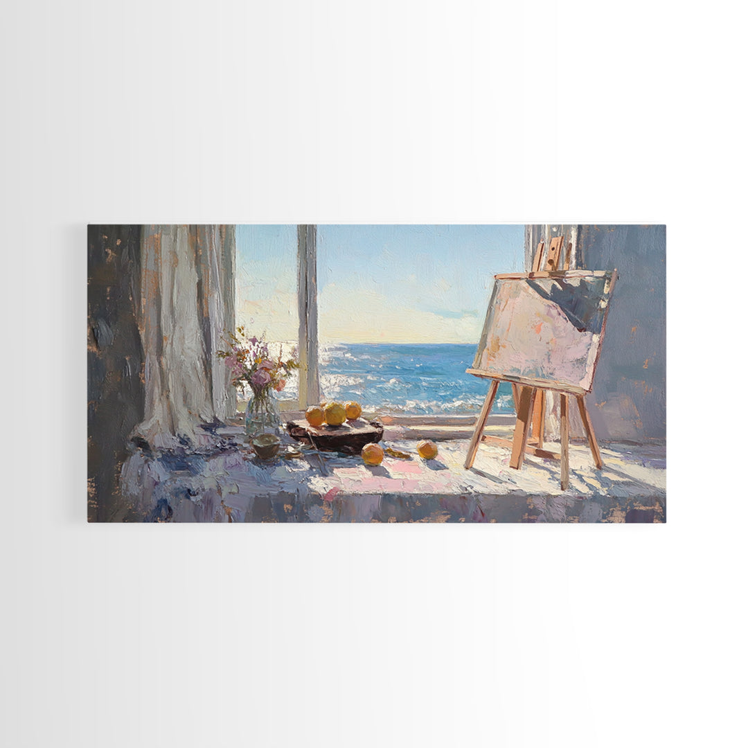 Sunlit Ocean View Art Studio Wall Art, Coastal Canvas Print, Easel And Lemons Still Life, Creative Office Decor, Beach House Decor