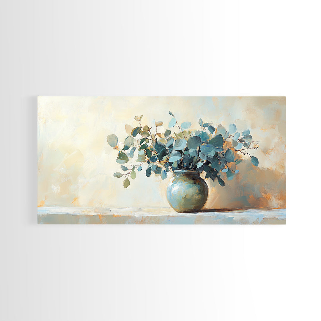 Blue Eucalyptus Vase Still Life Wall Art, Botanical Canvas Wall Decor, Neutral Living Room Decor, Rustic Farmhouse Art Print