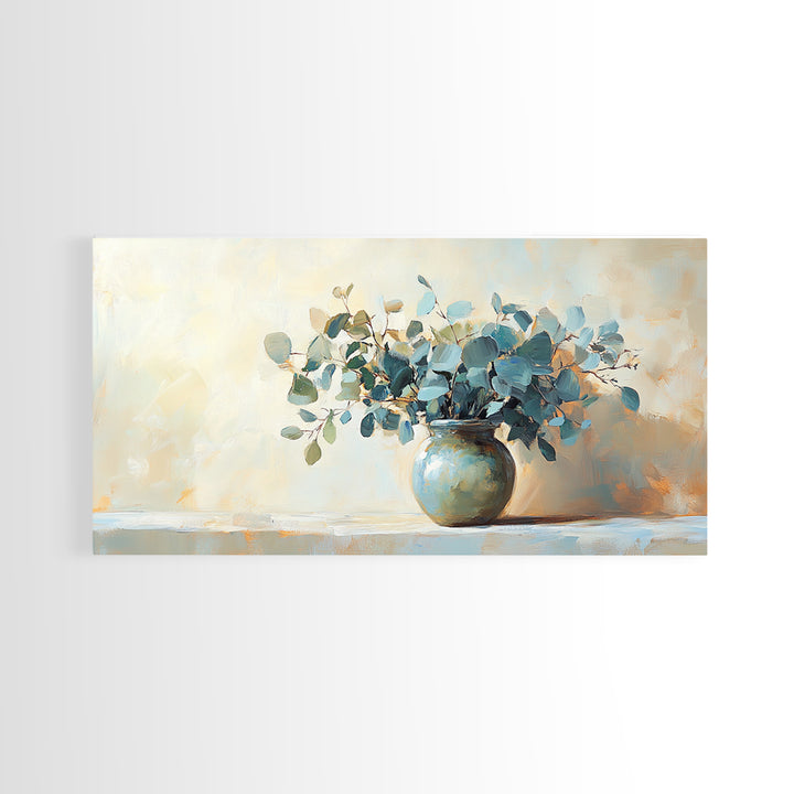 Blue Eucalyptus Vase Still Life Wall Art, Botanical Canvas Wall Decor, Neutral Living Room Decor, Rustic Farmhouse Art Print