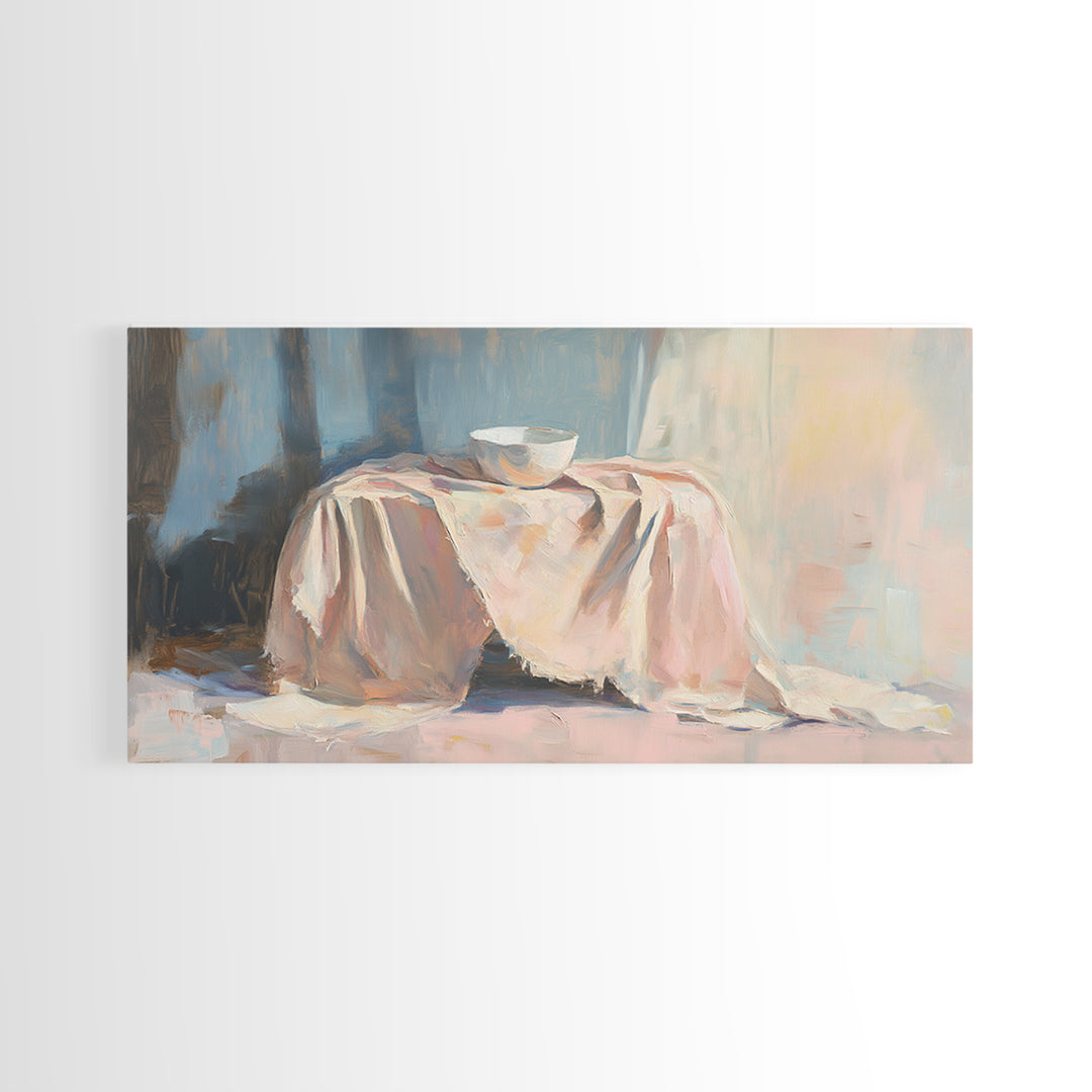 Soft Draped Table And Bowl Still Life Canvas Print, Minimalist Kitchen Wall Art, Neutral Home Decor, Fine Art Print, Dining Room Decor