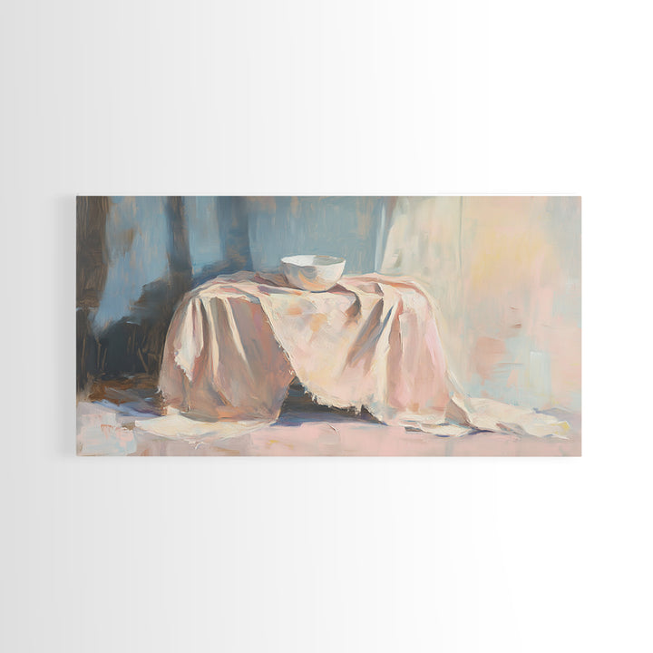 Soft Draped Table And Bowl Still Life Canvas Print, Minimalist Kitchen Wall Art, Neutral Home Decor, Fine Art Print, Dining Room Decor