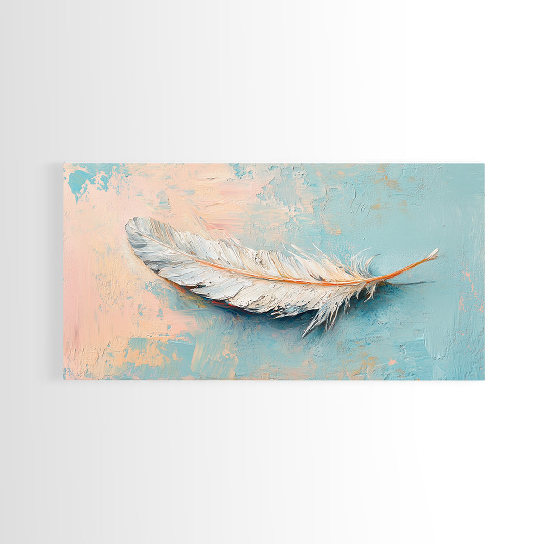 White Feather On Soft Blue Peach Texture Framed Canvas Print, Coastal Wall Art, Neutral Home Decor, Boho Bedroom Decor, Gift For Her