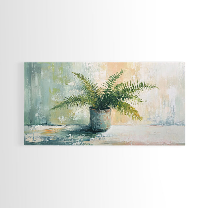 Potted Fern Plant In Textured Green Light Canvas Print, Botanical Wall Art, Nature Wall Decor, Japandi Home Decor, Office Decor