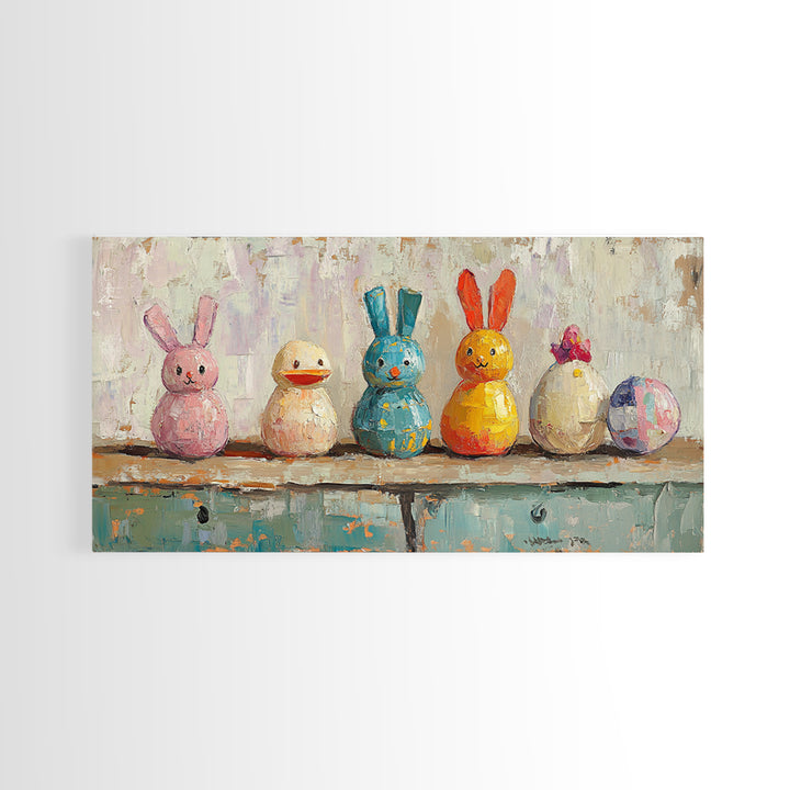 Whimsical Bunny And Duck Toys Framed Canvas Print, Nursery Wall Art, Kids Room Decor, Easter Gift, Playroom Wall Decor, Baby Shower Gift
