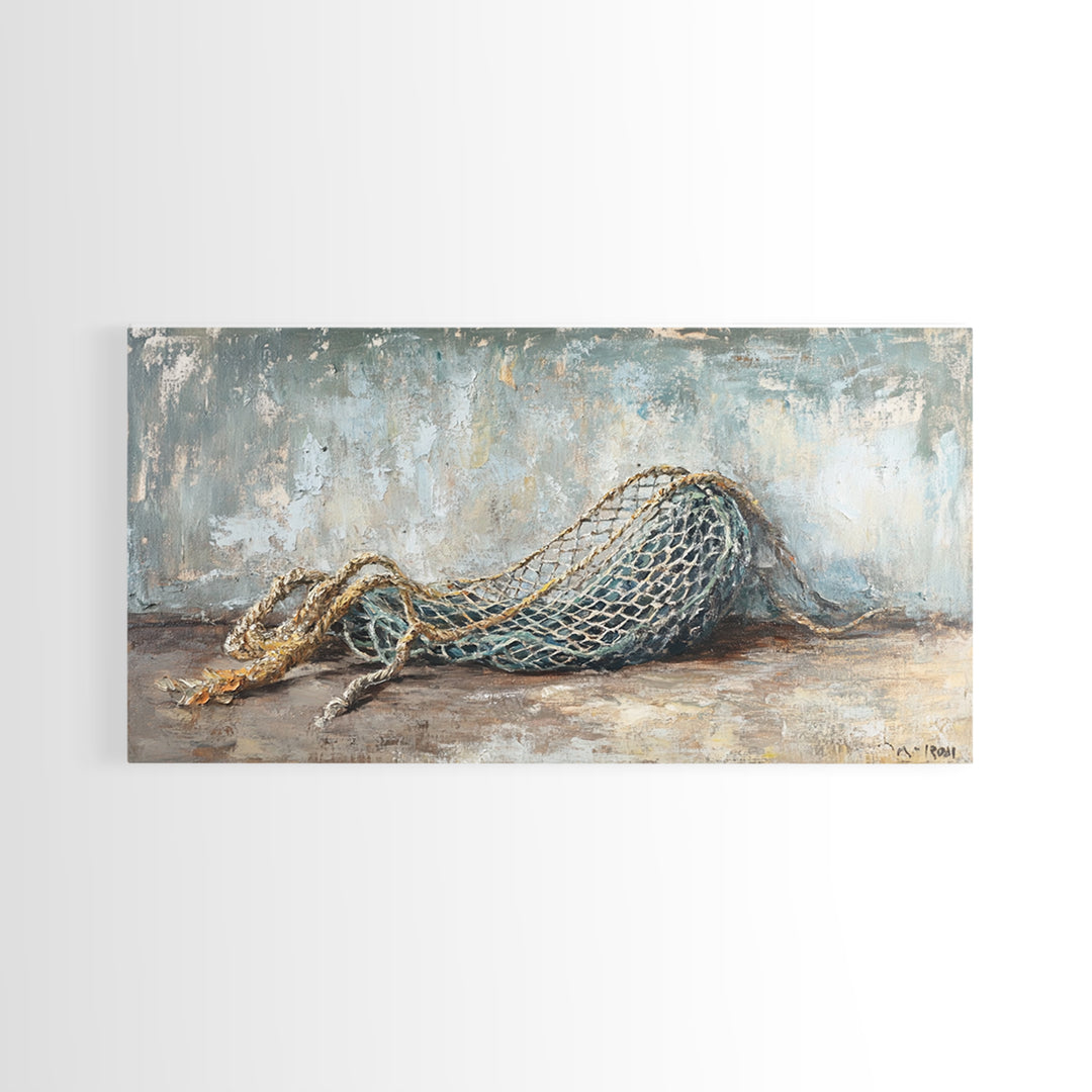 Weathered Fishing Net Framed Canvas Print, Nautical Wall Art, Coastal Home Decor, Rustic Seascape, Beach House Gift For Him