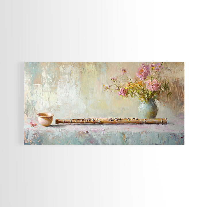 Rustic Flute Still Life With Pink Flowers, Framed Canvas Print, Music Room Wall Art, Farmhouse Decor, Gift For Music Lover