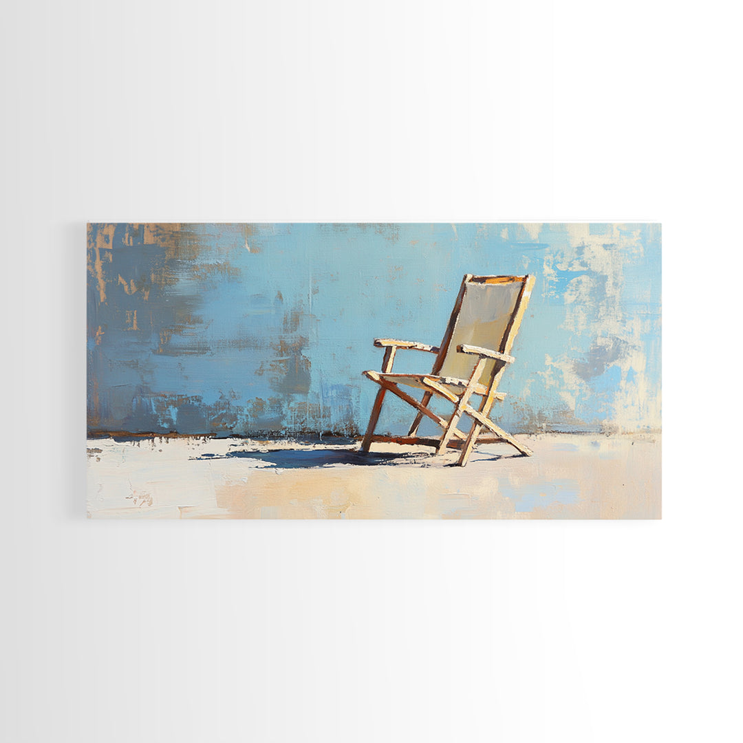 Minimal Beach Chair On Blue Wall, Canvas Print, Coastal Wall Art, Modern Home Decor, Beach House Decor, Living Room Wall Art