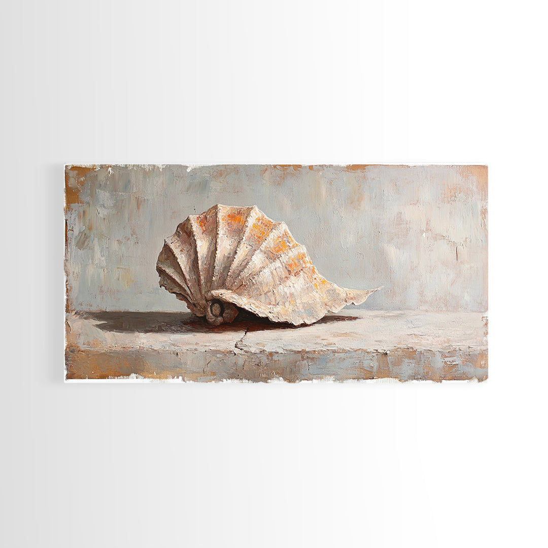 Textured Seashell Still Life In Neutral Tones, Framed Canvas Print, Coastal Wall Art, Beach House Decor, Nautical Wall Art