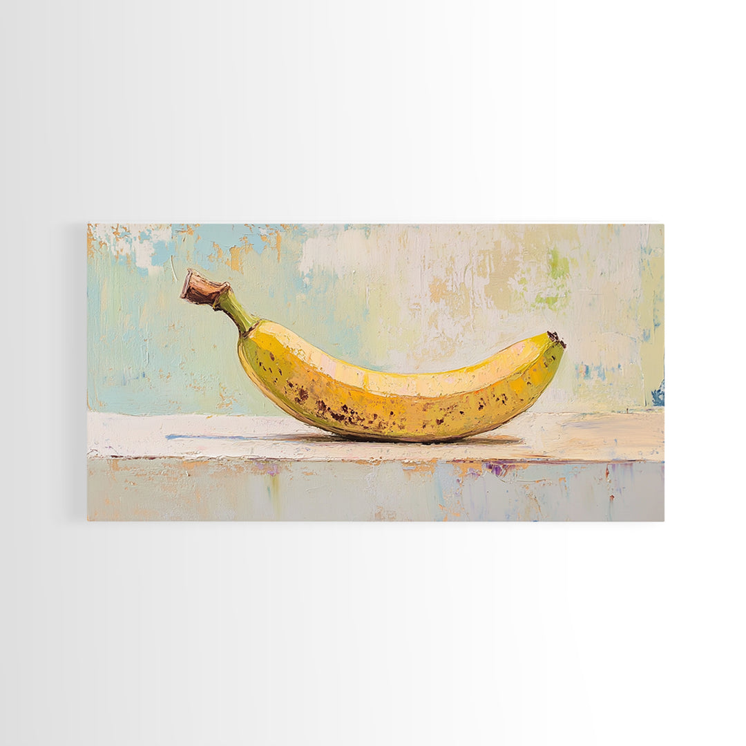 Bright Banana Still Life On Pale Blue, Framed Canvas Print, Kitchen Wall Art, Fruit Art, Colorful Kitchen Decor, Foodie Gift