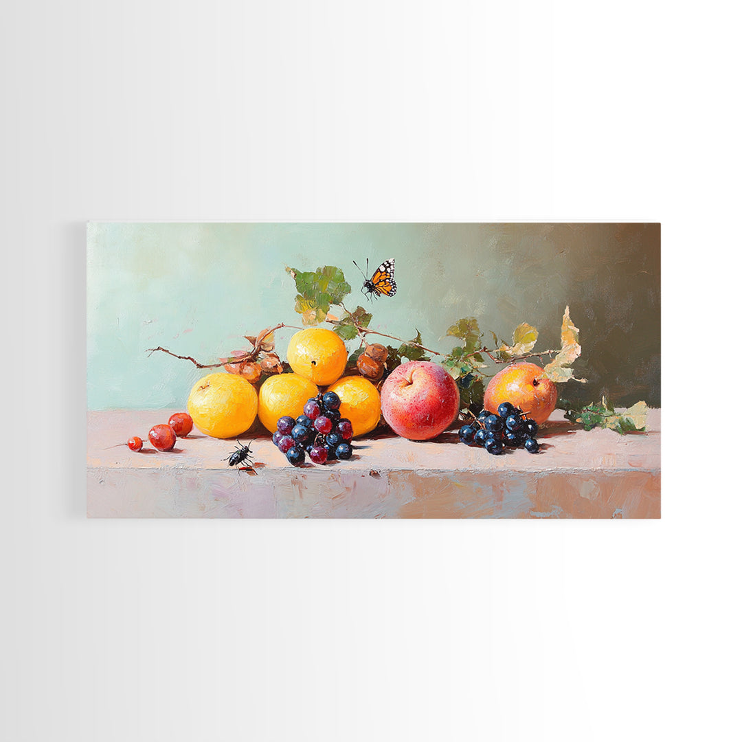 Oranges Grapes Apple Still Life With Butterfly, Canvas Print, Fruit Art, Kitchen Wall Art, Botanical Decor, Dining Room Print