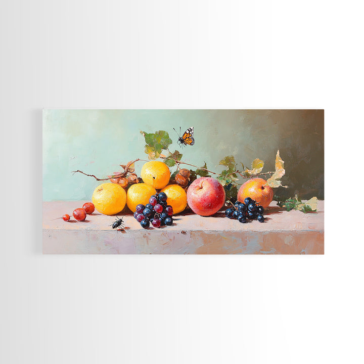 Oranges Grapes Apple Still Life With Butterfly, Canvas Print, Fruit Art, Kitchen Wall Art, Botanical Decor, Dining Room Print