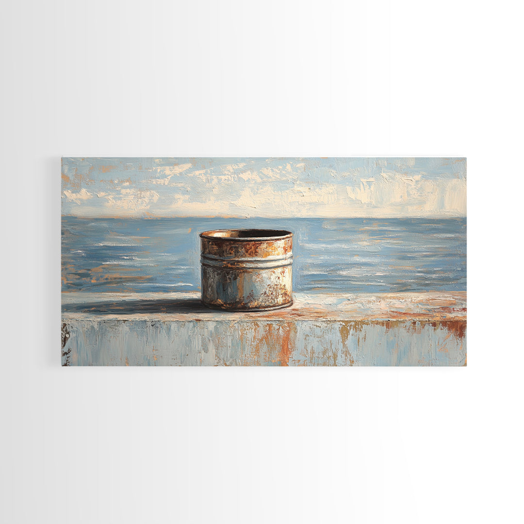 Rusty Tin Can By Blue Sea Wall Art, Coastal Industrial Still Life Canvas Print, Rustic Beach House Decor For Living Room