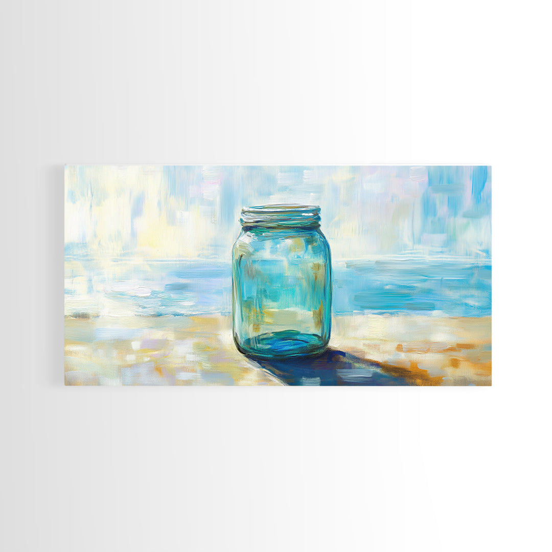 Blue Glass Mason Jar Wall Art, Coastal Still Life Canvas Print, Minimalist Beach House Decor For Kitchen Or Bathroom Art