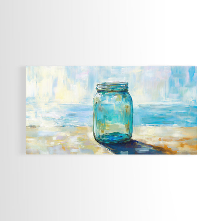 Blue Glass Mason Jar Wall Art, Coastal Still Life Canvas Print, Minimalist Beach House Decor For Kitchen Or Bathroom Art