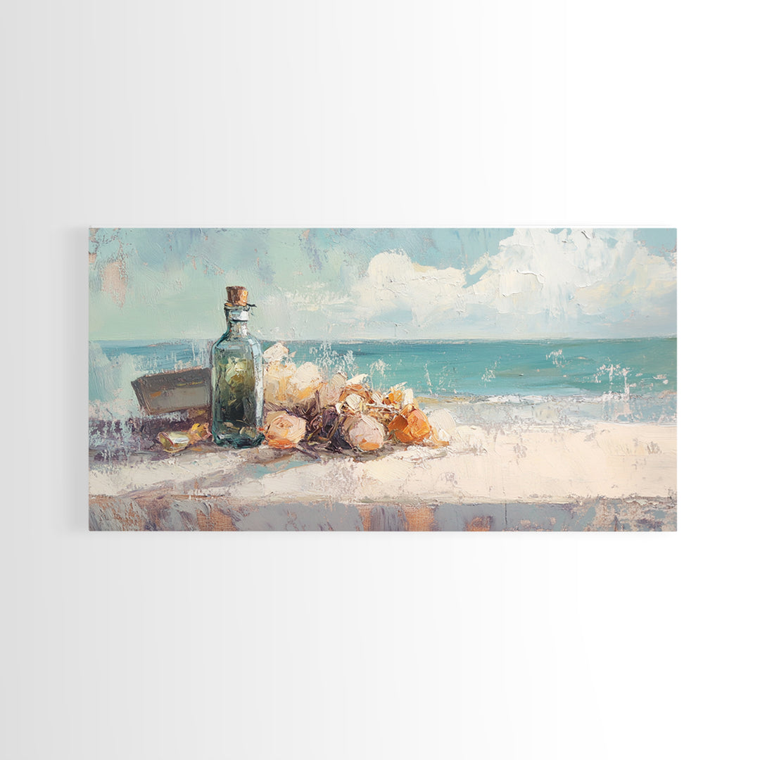 Sea Glass Bottle And Seashells Wall Art, Coastal Beach Framed Canvas Print, Nautical Decor For Bathroom Or Entryway Wall Decor