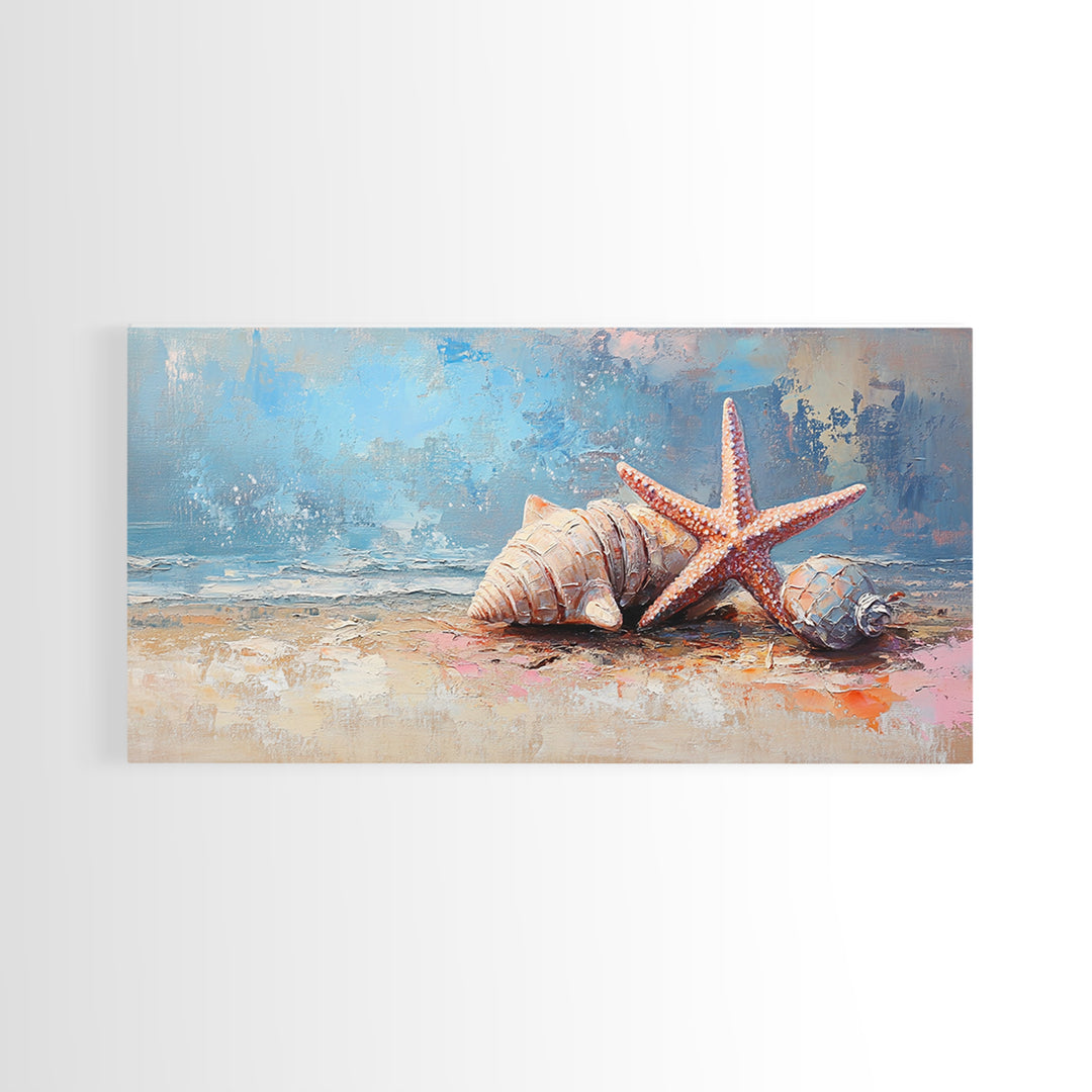 Starfish And Seashells On Sandy Shore Wall Art, Coastal Ocean Canvas Print, Beach House Decor For Bathroom Or Bedroom Wall Decor