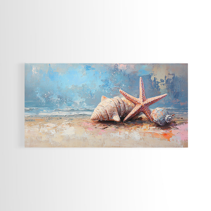 Starfish And Seashells On Sandy Shore Wall Art, Coastal Ocean Canvas Print, Beach House Decor For Bathroom Or Bedroom Wall Decor