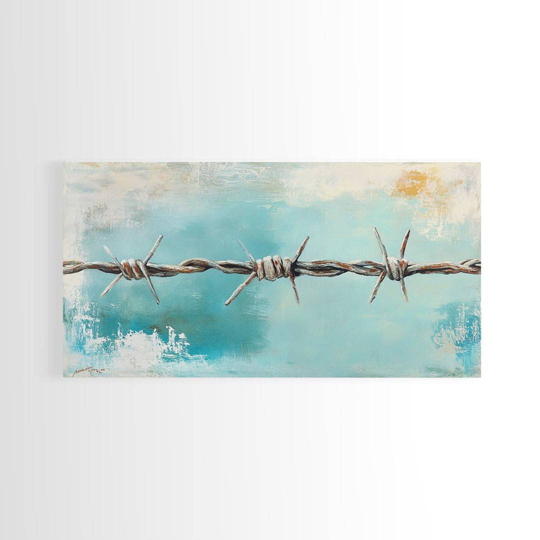 Rusty Barbed Wire Against Turquoise Sky Wall Art, Western Industrial Canvas Print, Modern Rustic Farmhouse Decor For Entryway