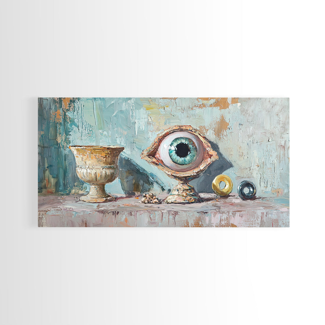 Surreal Blue Eye Relic And Antique Urn Wall Art, Mystical Eclectic Framed Canvas Print, Dark Academia Office Decor For Library