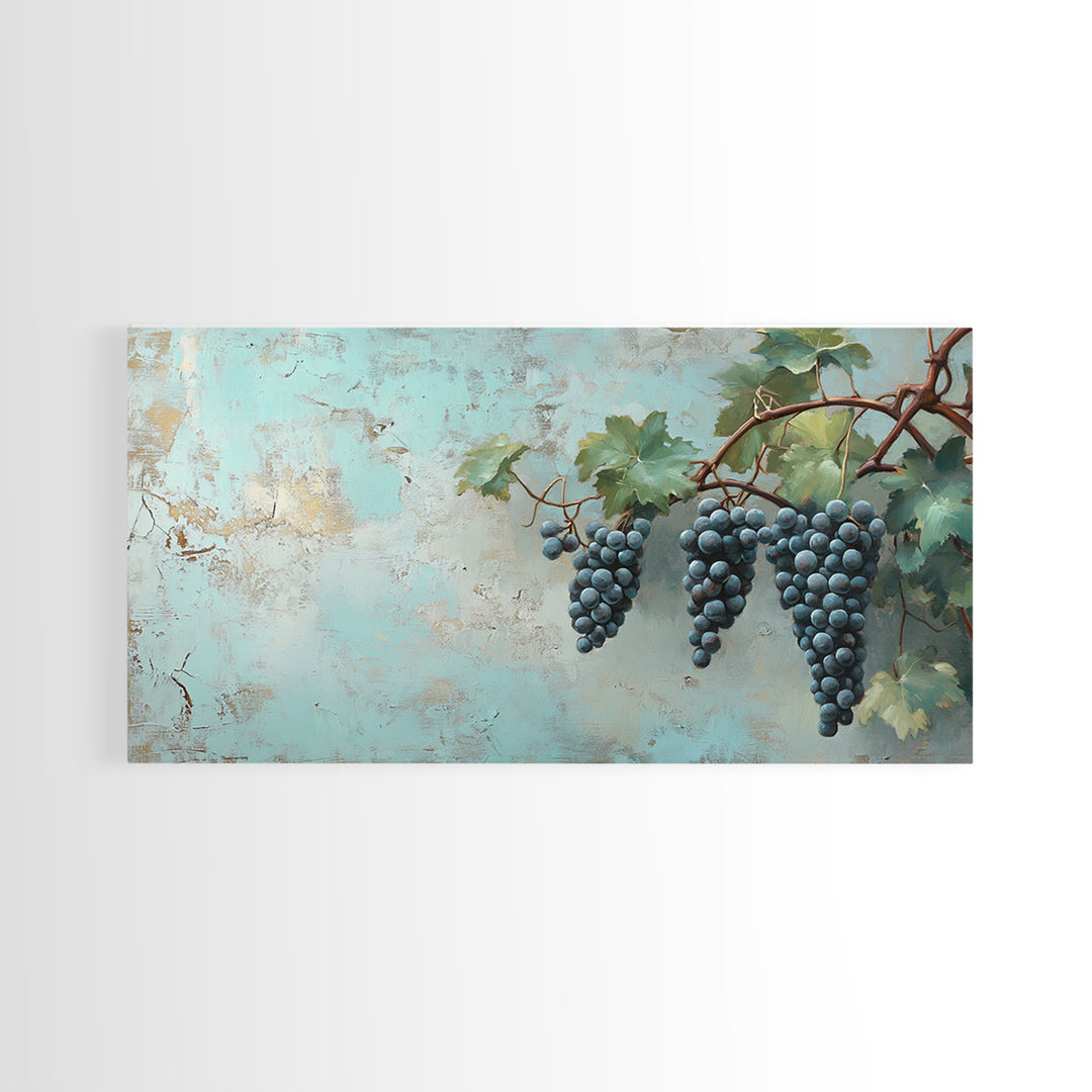 Blue Grapes On Vine Wall Art, Rustic Kitchen Decor, Vineyard Painting, Wine Country Print, Farmhouse Dining Room Canvas Art