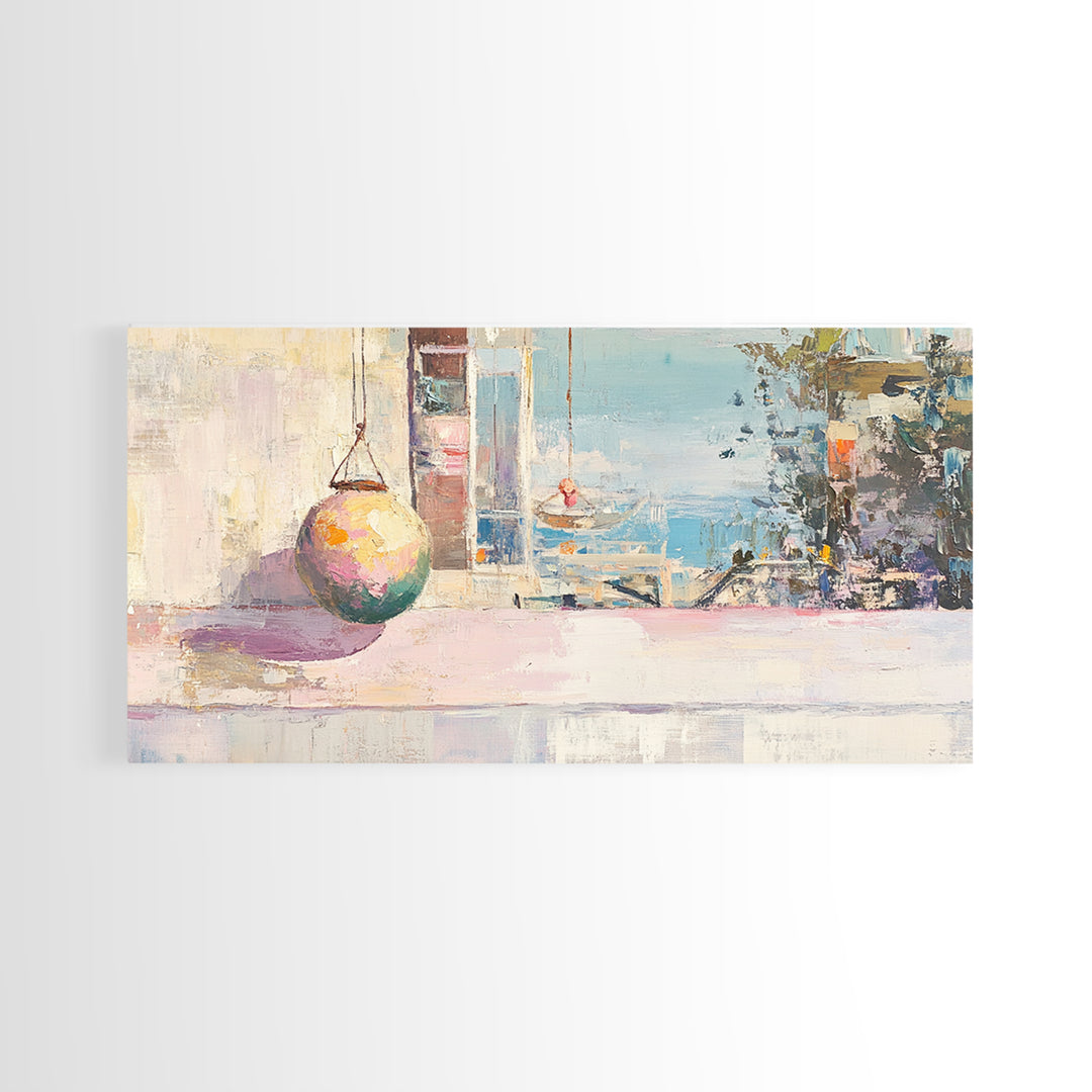 Pastel Seaside Window Canvas Print, Coastal Wall Art, Mediterranean Beach House Decor, Soft Ocean View Living Room Print
