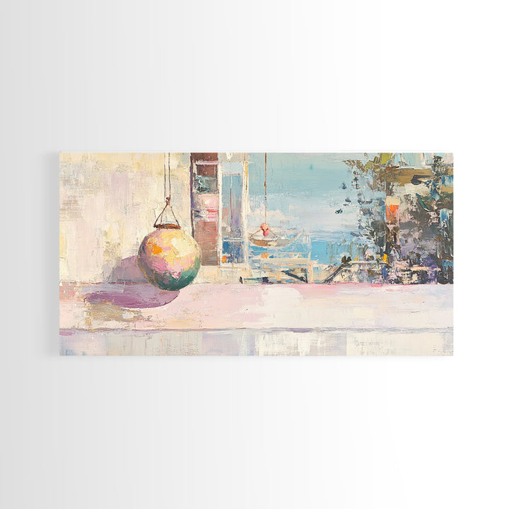 Pastel Seaside Window Canvas Print, Coastal Wall Art, Mediterranean Beach House Decor, Soft Ocean View Living Room Print