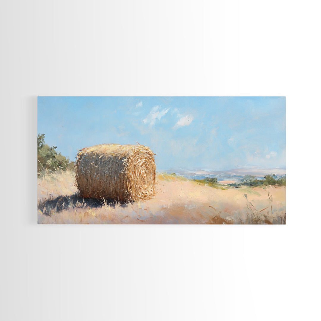 Golden Hay Bale Landscape Wall Art, Rustic Farmhouse Decor, Country Field Painting, Nature Print For Living Room Wall Decor