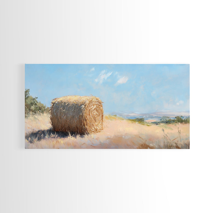 Golden Hay Bale Landscape Wall Art, Rustic Farmhouse Decor, Country Field Painting, Nature Print For Living Room Wall Decor