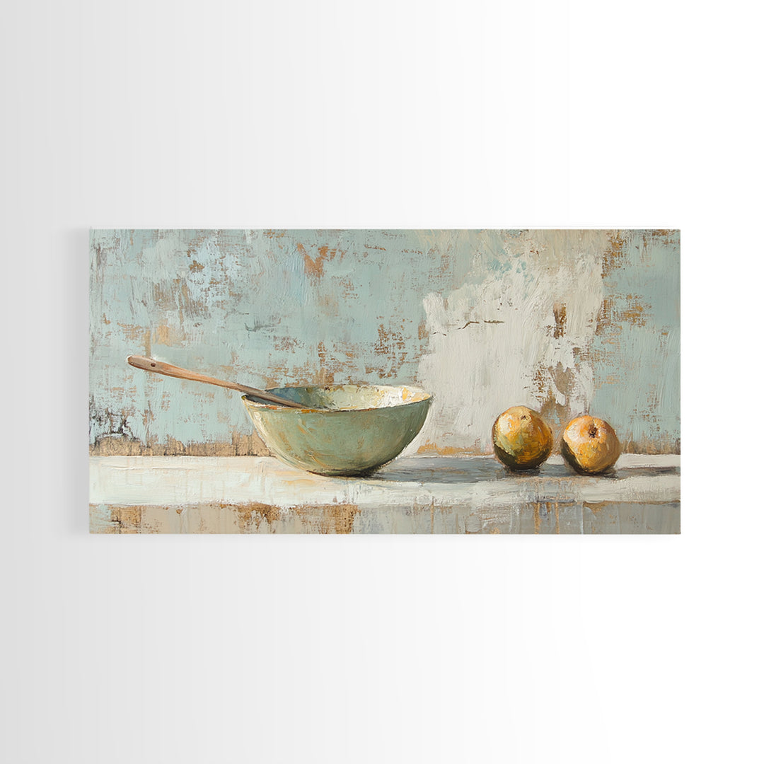 Rustic Bowl And Pears Canvas Print, Kitchen Wall Art, Farmhouse Still Life Painting, Country Dining Room Wall Decor Print