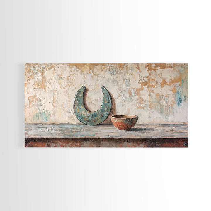 Turquoise Crescent Moon And Rustic Bowl Wall Art, Wabi Sabi Decor, Southwestern Still Life, Neutral Framed Canvas Print, Home Decor