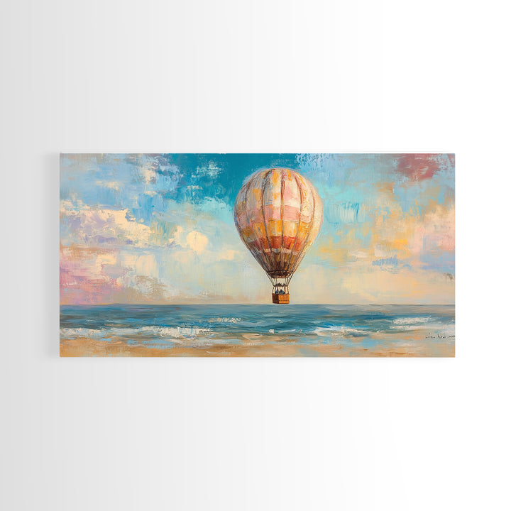 Hot Air Balloon Drifting Over Ocean Canvas Print, Coastal Wall Art, Travel Poster Style, Colorful Beach House Living Room Decor