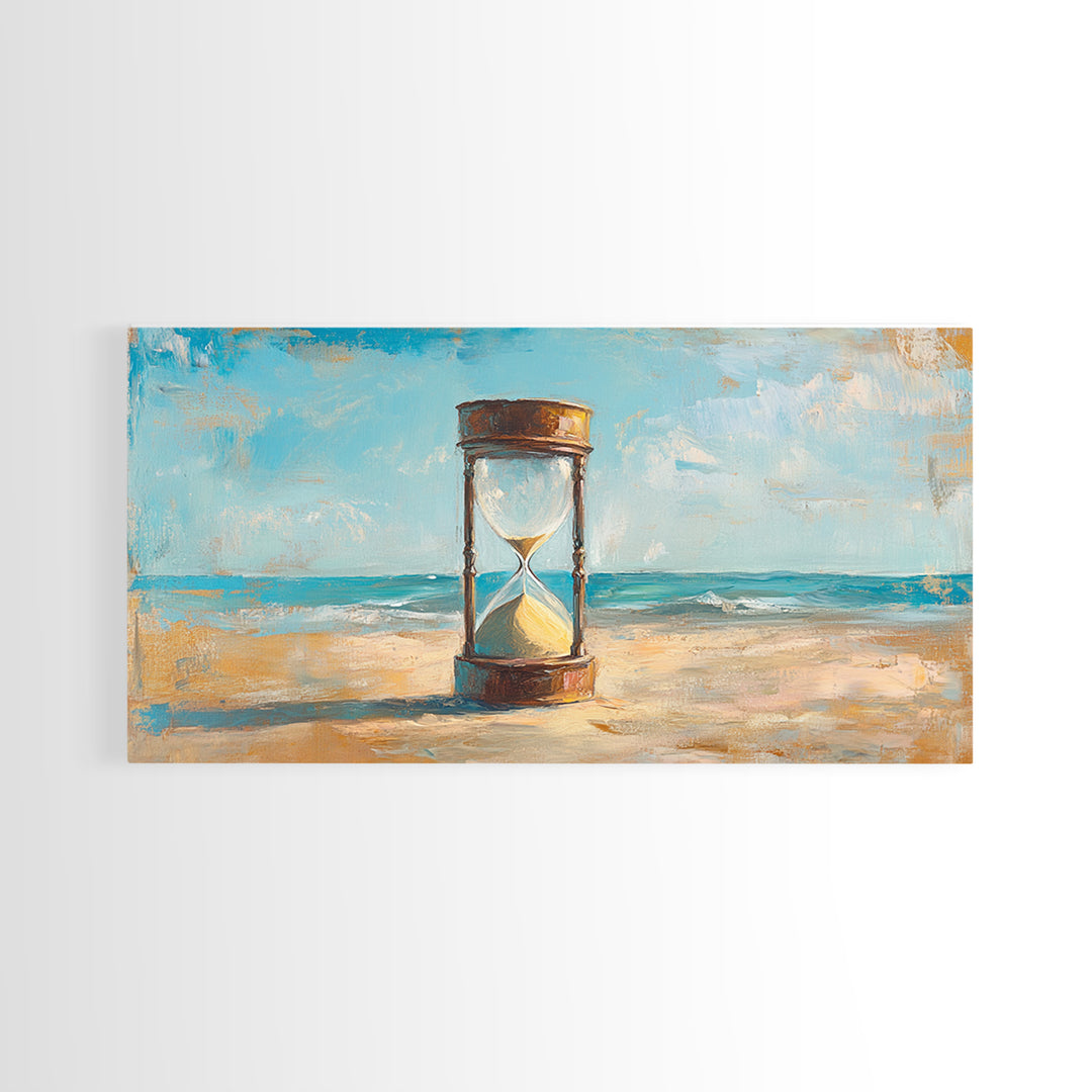 Hourglass In Sand By Turquoise Sea Canvas Print, Coastal Wall Art, Beach House Decor, Ocean Landscape, Summer Home Decor