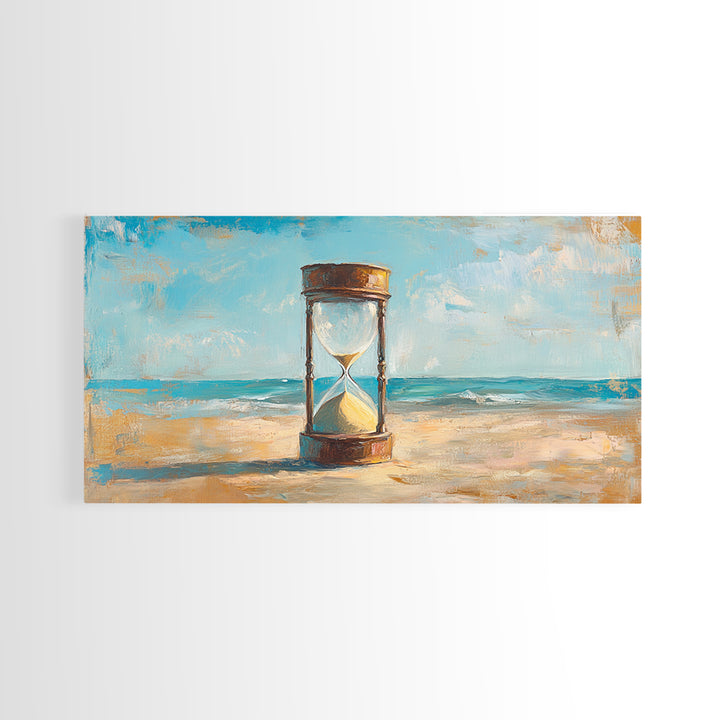 Hourglass In Sand By Turquoise Sea Canvas Print, Coastal Wall Art, Beach House Decor, Ocean Landscape, Summer Home Decor