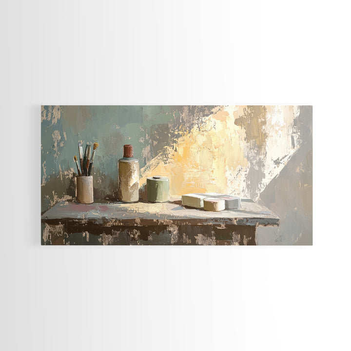 Artist Brushes And Paint Tubes On Sunlit Table Wall Art, Creative Studio Decor, Modern Rustic Still Life Canvas Print, Home Decor