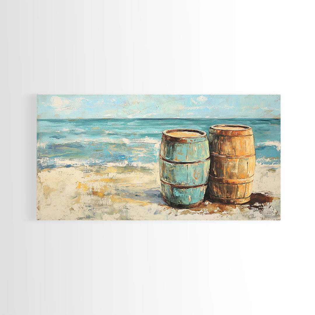 Weathered Barrels On Sandy Beach Wall Art, Coastal Canvas Print, Nautical Beach House Decor, Seascape Ocean Living Room Art