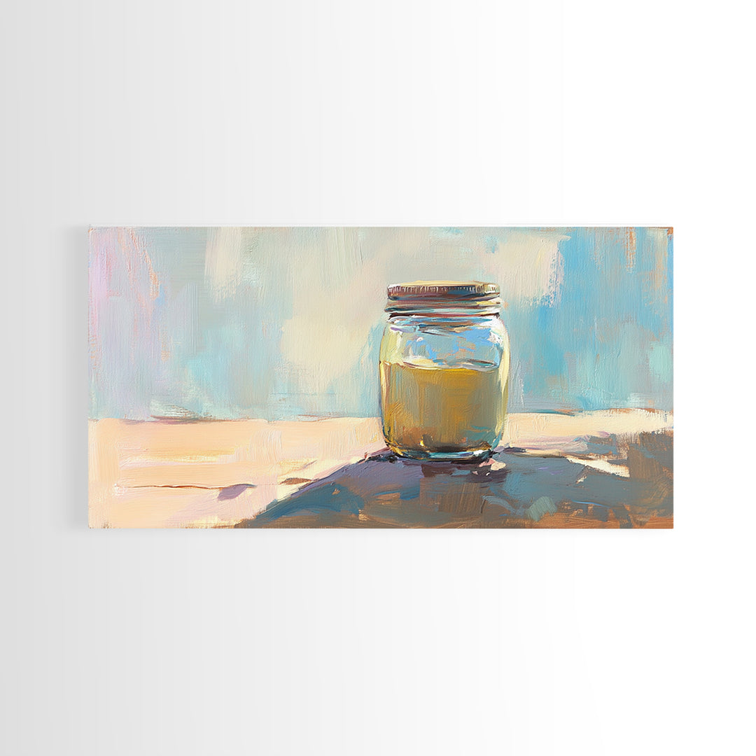 Sunlit Mason Jar Still Life Wall Art, Soft Blue Canvas Print For Kitchen Decor, Rustic Home Decor And Housewarming Gift Idea