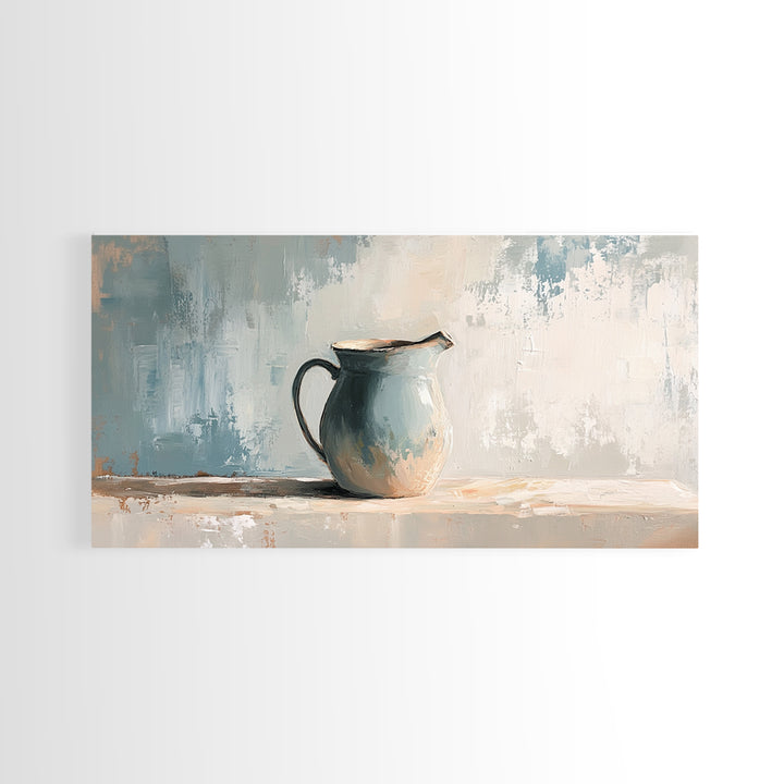 Blue Ceramic Pitcher Minimalist Still Life Wall Art, Neutral Canvas Print For Kitchen Decor, Farmhouse Decor And Office Decor