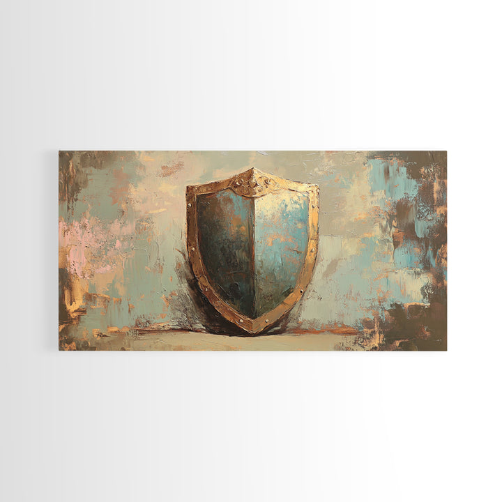 Antique Blue Shield Framed Canvas Print, Medieval Wall Art, Fantasy Decor, Rustic Office Decor, Man Cave Gift For Him, Home Decor