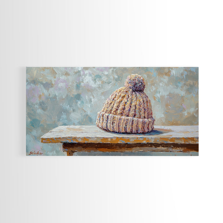 Cozy Knit Beanie Still Life Wall Art, Winter Cabin Decor, Rustic Canvas Print, Neutral Bedroom Art, Gift For Her, Housewarming Gift