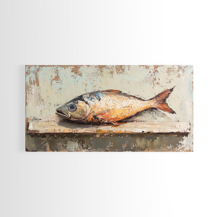 Rustic Whole Fish Still Life Canvas Print, Coastal Kitchen Wall Art, Seafood Decor, Nautical Home Decor, Gift For Him, Wall Decor