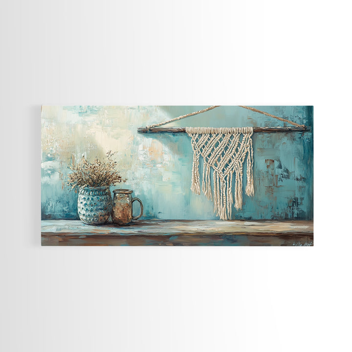 Macrame Hanging And Dried Flowers Framed Canvas Print, Boho Wall Art, Rustic Home Decor, Neutral Living Room Decor, Housewarming Gift